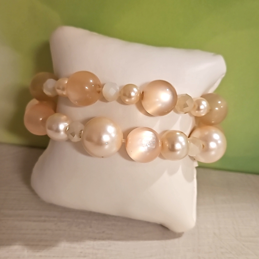 Pair of stretchy gemstone bracelets moonglow faux pearl blush pink acrylic beads